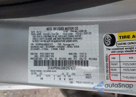 2011 Ford Fusion Se z USA, uszkodzony, nr VIN 3FAHP0HA3BR297477